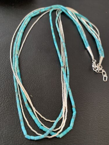 Navajo Turquoise Tube Beads | Liquid Silver Heishi | 5-Strand Sterling Silver Necklace 21" | 2178