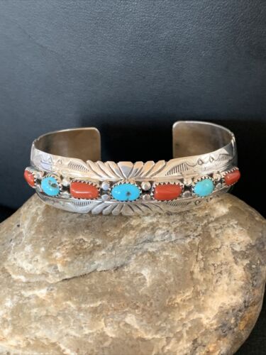 Navajo Blue Kingman Turquoise Coral Cuff Bracelet | 7 Strand | Sterling Silver | 12315