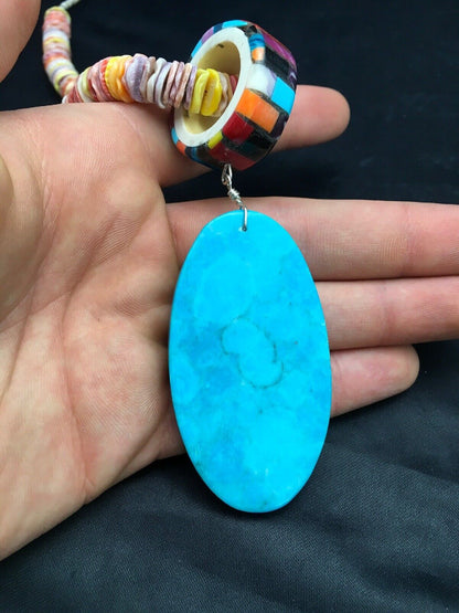 Authentic Native American Santo Domingo Multi-Color Spiny Sterling Silver Necklace with Inlay Pendant | 24" | 2915