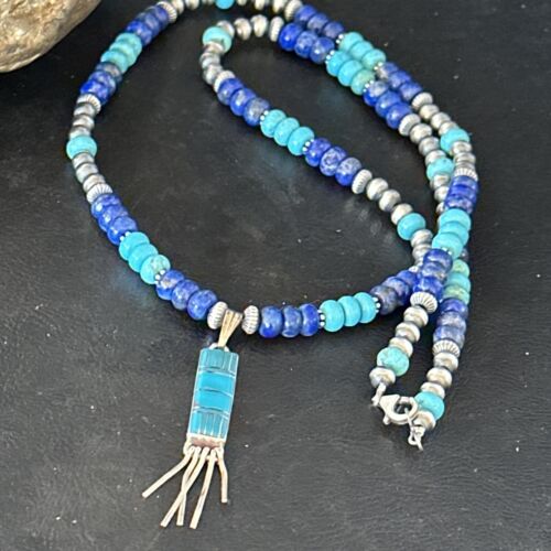 Navajo Blue Turquoise Lapis Necklace Inlay Pendant | Sterling Silver | Authentic Native American Handmade | 14637