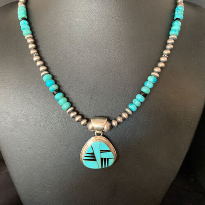 Navajo Inlay Blue Turquoise Onyx Pendant Necklace | Sterling Silver | Authentic Native American Handmade | 13656