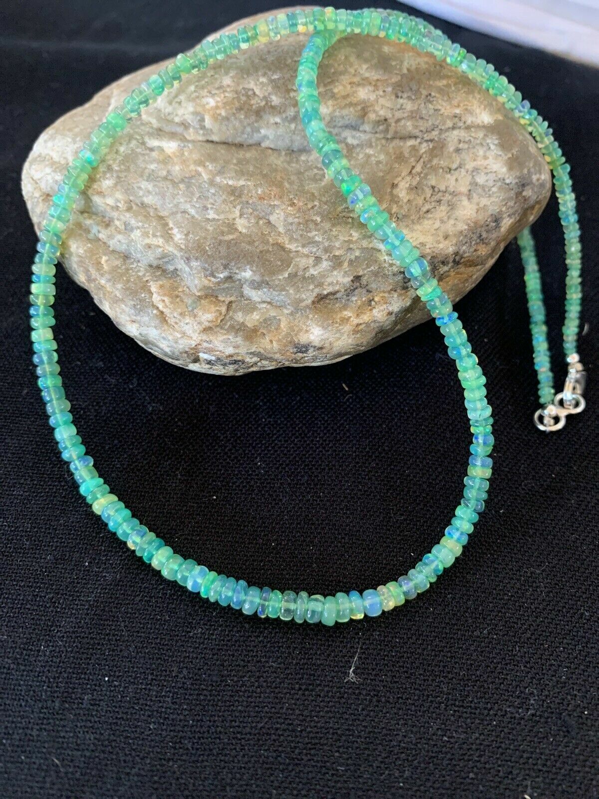 Southwestern Women's Necklace | Sterling Silver | Green Fire Faux Opal Beads | 18" | 00182