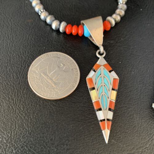 Navajo Blue Turquoise Coral Pendant Necklace | Sterling Silver Inlay | Authentic Native American Handmade | 13840