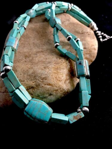 Navajo Blue Turquoise Sterling Silver Necklace | Inlay Pendant 24" | Native American Southwestern | 3360