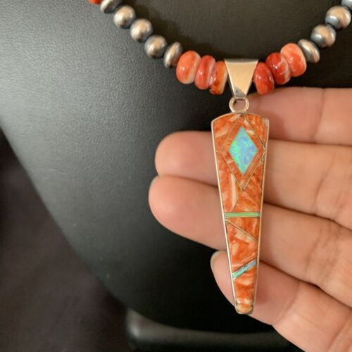 Navajo Pearls Sterling Silver Necklace | Opal Red Spiny Oyster Inlay Pendant | Authentic Native American Handmade | 11322