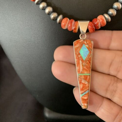 Navajo Pearls Sterling Silver Necklace | Opal Red Spiny Oyster Inlay Pendant | Authentic Native American Handmade | 11322