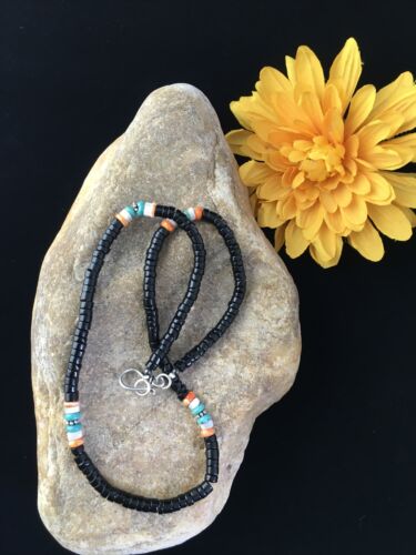 Navajo Black Onyx Turquoise Necklace | Sterling Silver | 18" | Authentic Native American Handmade | 10001