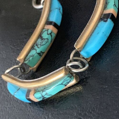 Navajo Blue Turquoise Lapis Inlay Link Bracelet | Sterling Silver | 7" | Authentic Native American Handmade | 13695
