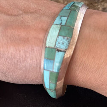 Native American Men's Blue Green Turquoise Inlay Bracelet | Sterling Silver | 14529