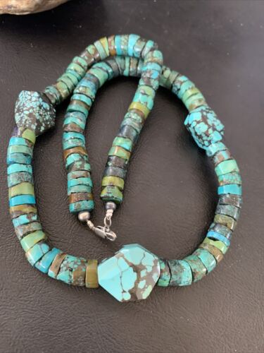 Chunky Men's Navajo Spiderweb Turquoise Heishi Sterling Necklace | 21" | 124506 - Masha USA