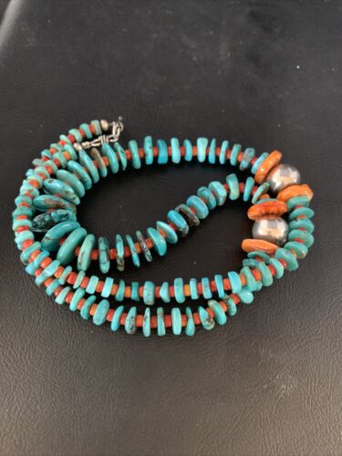 Navajo Natural Turquoise & Spiny Oyster Necklace | Sterling Silver | Authentic Native American | 25" | 13493