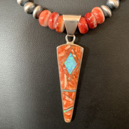 Navajo Pearls Sterling Silver Necklace | Opal Red Spiny Oyster Inlay Pendant | Authentic Native American Handmade | 11322
