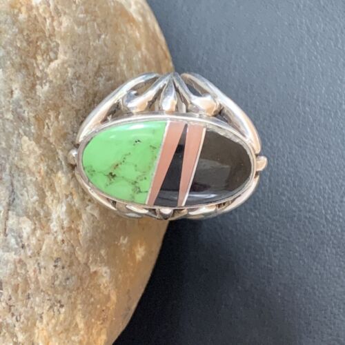 Native American Gaspeite, Onyx & Opal Inlay Ring | Sterling Silver | Sz 7 | 01488