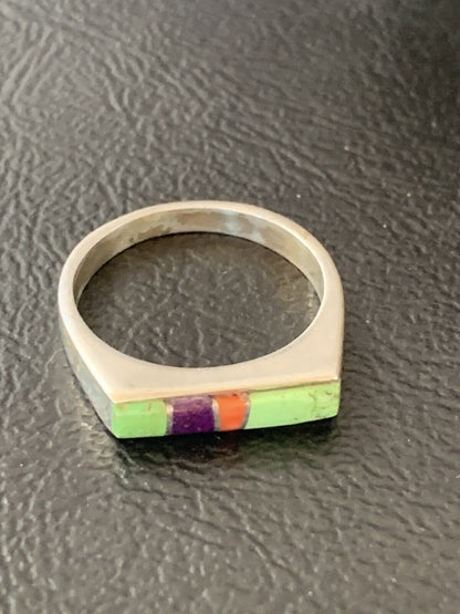 Southwestern Navajo Green Gaspeite Sugilite Red Coral Inlay Ring | Sz 7 | 02257