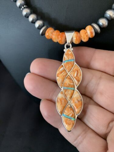 Navajo Pearls Sterling Silver Necklace | Orange Spiny Oyster Inlay Pendant | Authentic Native American Handmade | 11314