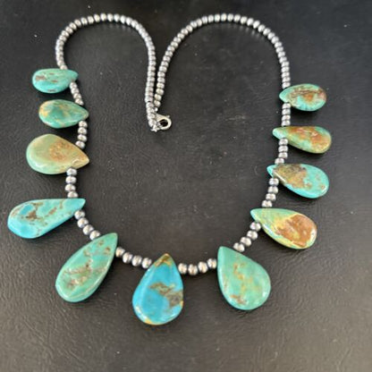Southwestern Navajo Pearls Necklace | Sterling Silver | Blue Turquoise Teardrop | 14300
