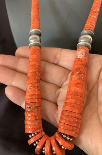 Navajo Apple Sponge Coral Bead Graduated Necklace | Sterling Silver | Authentic Native American | 25" | 11752