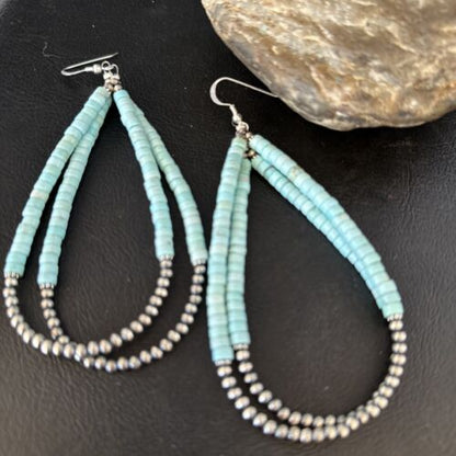 Navajo Turquoise Heishi Beads Earrings | Sterling Silver | 5" | Authentic Native American Handmade | 14295