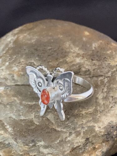 Navajo Red Spiny Oyster Butterfly Ring | Sterling Silver | Adj Sz 7 | Authentic Native American Handmade | 10678