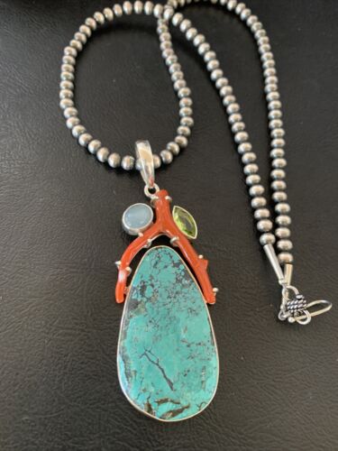 Navajo Pearl Spiderweb Turquoise Coral Pendant Necklace | Authentic Native American Sterling Silver | Multi-Stone | 11812