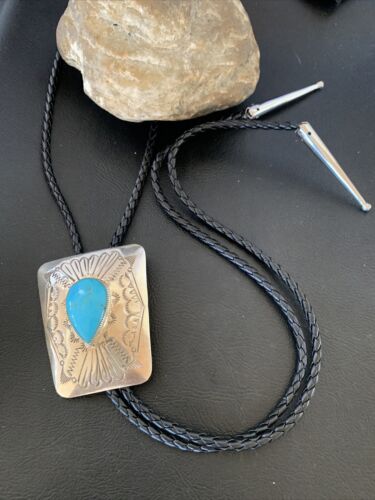 Men's Bolo Tie | Navajo Blue Kingman Turquoise | Sterling Silver | Authentic Native American Handmade | 12146