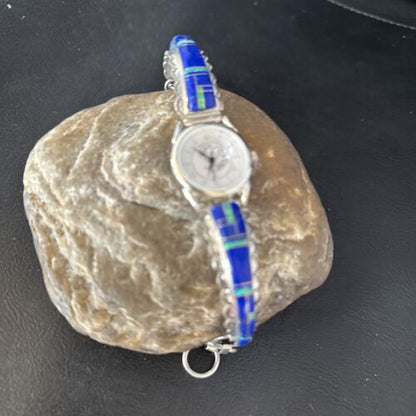 Authentic Navajo Blue Lapis & Opal Inlay Wristwatch | Sterling Silver Tips | Native American Jewelry | 14394