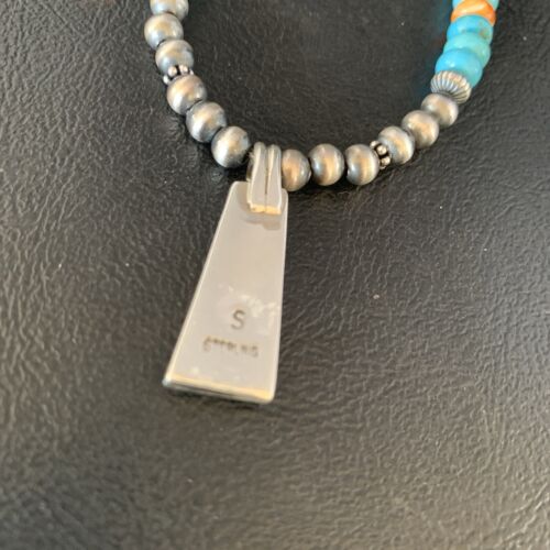 Navajo Sterling Silver Necklace | Blue Turquoise Coral Inlay Pendant | Southwestern |13841