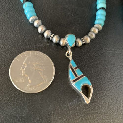 Navajo Blue Turquoise Onyx Inlay Pendant Necklace | Sterling Silver | Authentic Native American Handmade | 13846