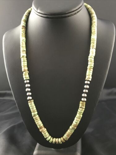 Navajo Men's Green Turquoise Heishi Necklace | Sterling Silver | 8mm | 22" | Authentic Native American Handmade | 10137