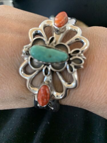 Men's Navajo Kingman Turquoise & Spiny Oyster Bracelet | Sterling Silver | Authentic Native American Handmade | 01032