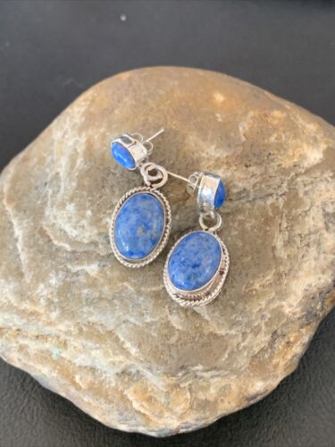 Navajo Denim Lapis Dangle Earrings | Sterling Silver | 1.1" | Authentic Native American Handmade | 1701