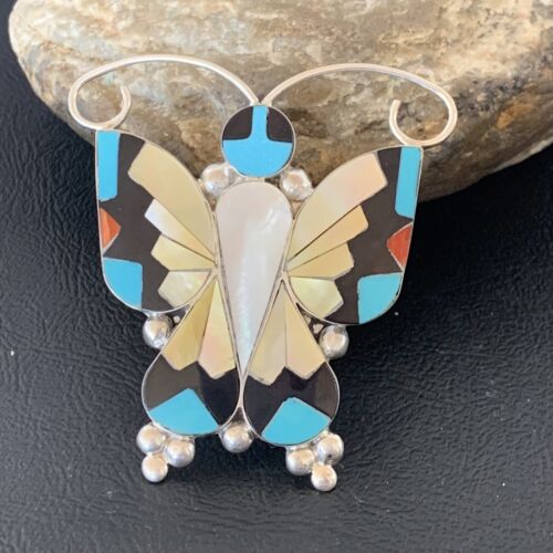 Blue Turquoise Coral Butterfly Necklace Pin Pendant | Zuni Sterling Silver | Native American Handmade | 11965