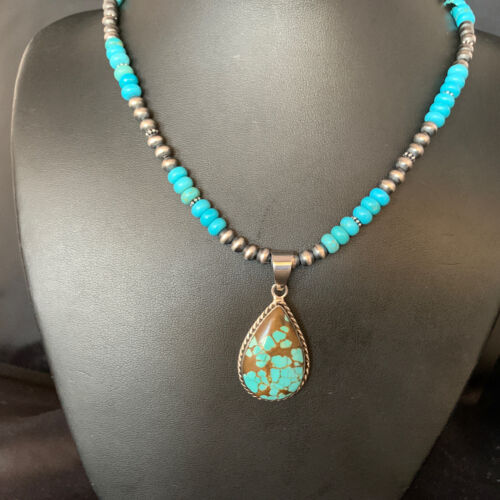 Navajo Blue Turquoise Pendant Necklace | Sterling Silver | Authentic Native American Handmade | 13827