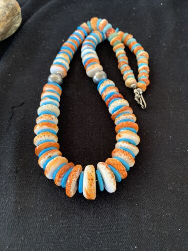 Navajo Pearls & Spiny Oyster Turquoise Necklace | Sterling Silver | Graduated | Authentic Native American | 23" | 00744