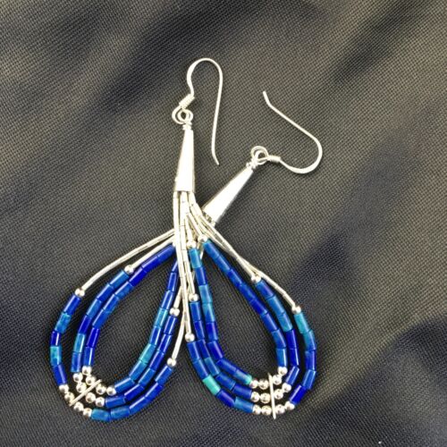 Handmade Liquid Silver Heishi Dangle Earrings | Dark Blue Lapis Tub | 2.25" | 2013