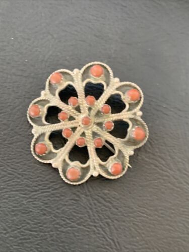 Old Pawn Zuni Sterling Silver Turquoise Red Coral Brooch Pin | 1.25" | 12558