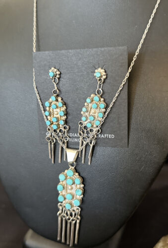 Native American Zuni Kingman Turquoise Necklace Pendant Earrings Set | Sterling Silver | 14487