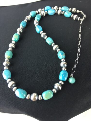 Authentic Native American | Navajo Sterling Silver Turquoise Necklace | Blue Green | 18" | 384