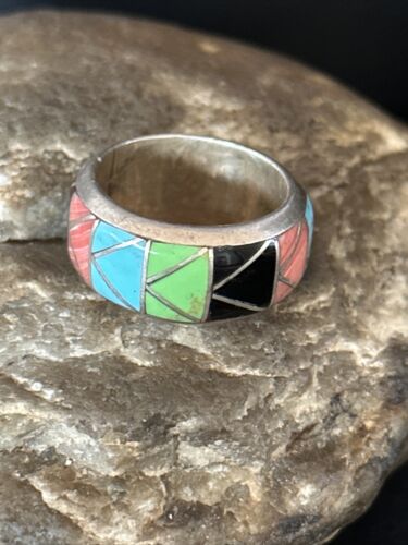 Multi-Color Blue Turquoise Gaspeite Inlay Ring | Sterling Silver | Sz 9 | 14501