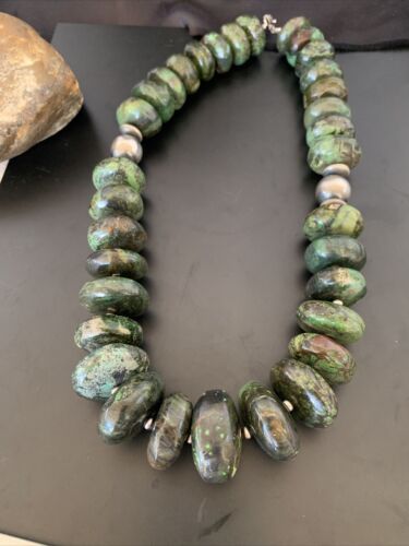 Navajo Chunky Graduated Natural Green Turquoise Necklace | Sterling Silver | Authentic Native American | 21" | 11359