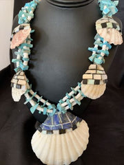 Native American Zuni Shell Pendants | Spiny Oyster & Blue Turquoise Necklace | 30" | 12520