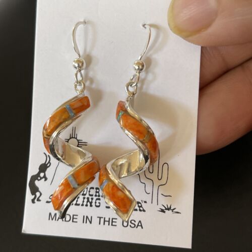 Navajo Snake Swirl Earrings | Orange Spiny Opal Inlay | Sterling Silver | 1.25" | Authentic Native American Handmade | 1549