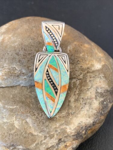 Navajo Spiny White Green Opal Inlay Pendant | Sterling Silver | Authentic Native American Handmade | 12481