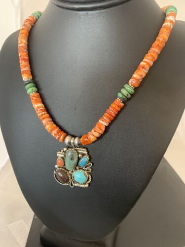 Navajo Green Turquoise and Spiny Bead Pendant Necklace | Sterling Silver | Authentic Native American Handmade | 00575