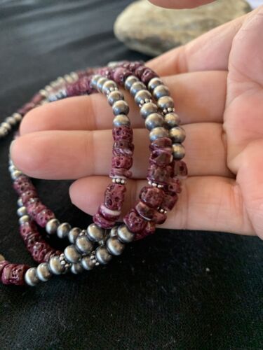 Navajo Purple Spiny Oyster Necklace | 3 Strand | Sterling Silver | 22" | Authentic Native American Handmade | 467