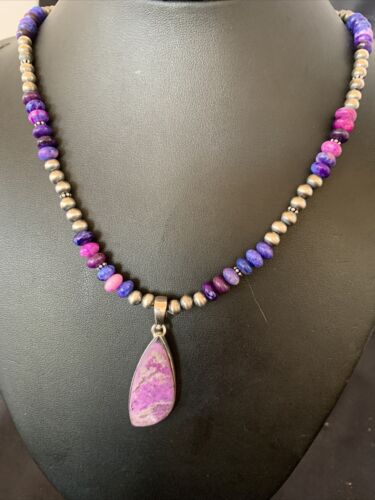 Navajo Pearl Necklace with Purple Sugilite Pendant | Sterling Silver | Authentic Native American Handmade | 11745