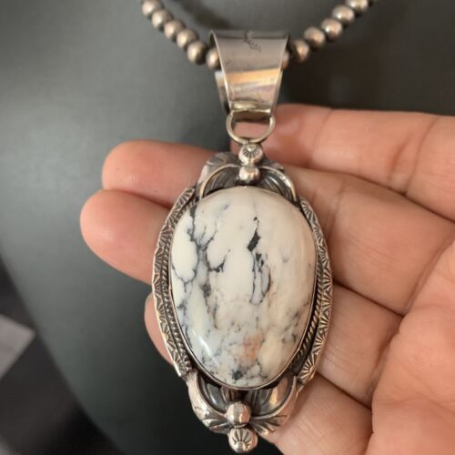 White Buffalo Turquoise Pendant Necklace | Sterling Silver | Navajo | Authentic Native American Handmade | 13991