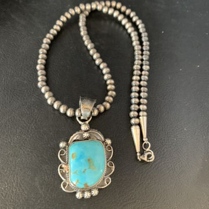 Men's Blue Kingman Turquoise Necklace Pendant | Sterling Silver Navajo Pearls | 13764