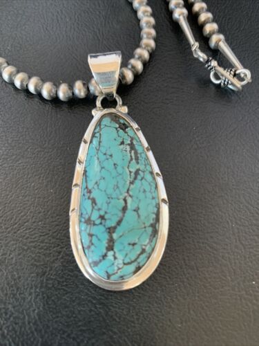 Men's Navajo Pearl Necklace with Blue Spiderweb Turquoise Pendant | Sterling Silver | 10538
