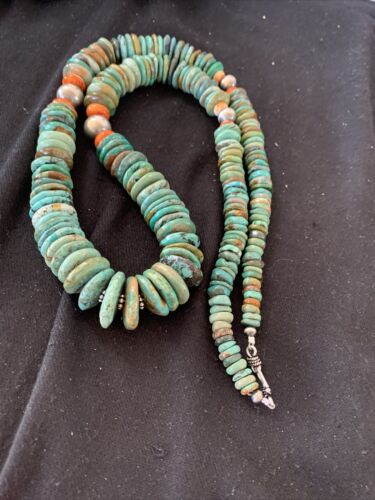 Navajo Graduated Green Turquoise Necklace | Sterling Silver |Authentic Native American | 21" | 00798